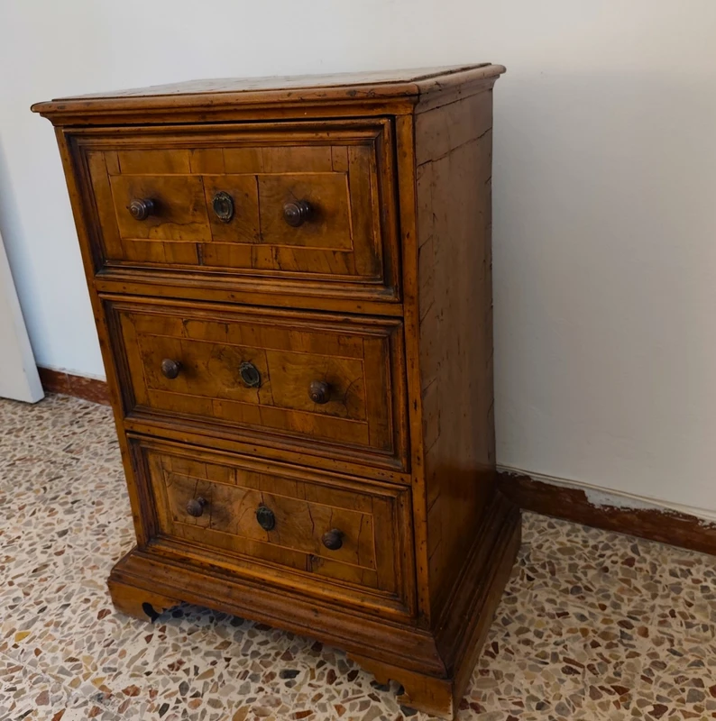 Rare 18th-century Bolognese walnut three-drawer cabinet.