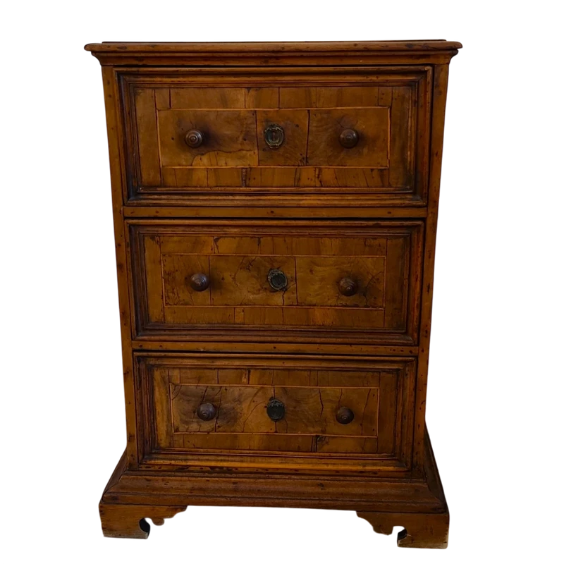 Rare 18th-century Bolognese walnut three-drawer cabinet.