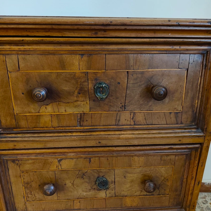Rare 18th-century Bolognese walnut three-drawer cabinet.