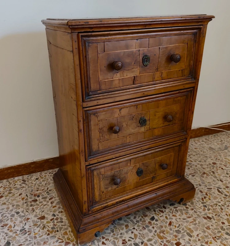Rare 18th-century Bolognese walnut three-drawer cabinet.