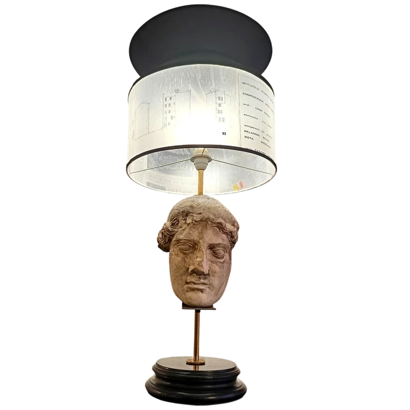 Lamp with plaster and lampblack head, lampshade with architectural transparencies 20th century