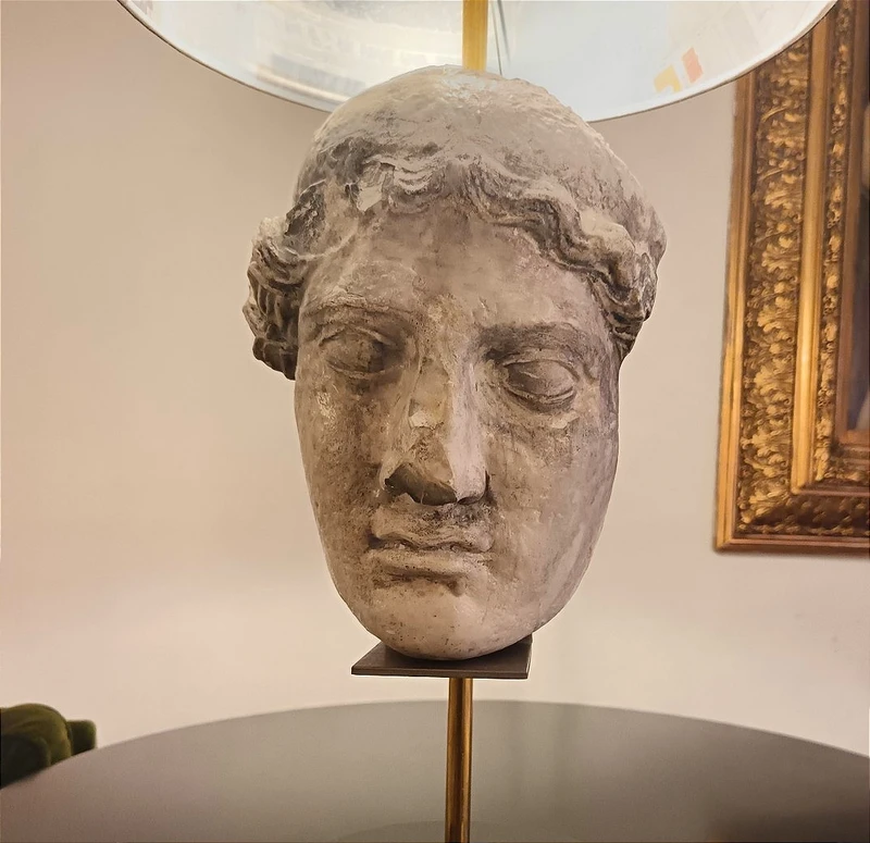 Lamp with plaster and lampblack head, lampshade with architectural transparencies 20th century