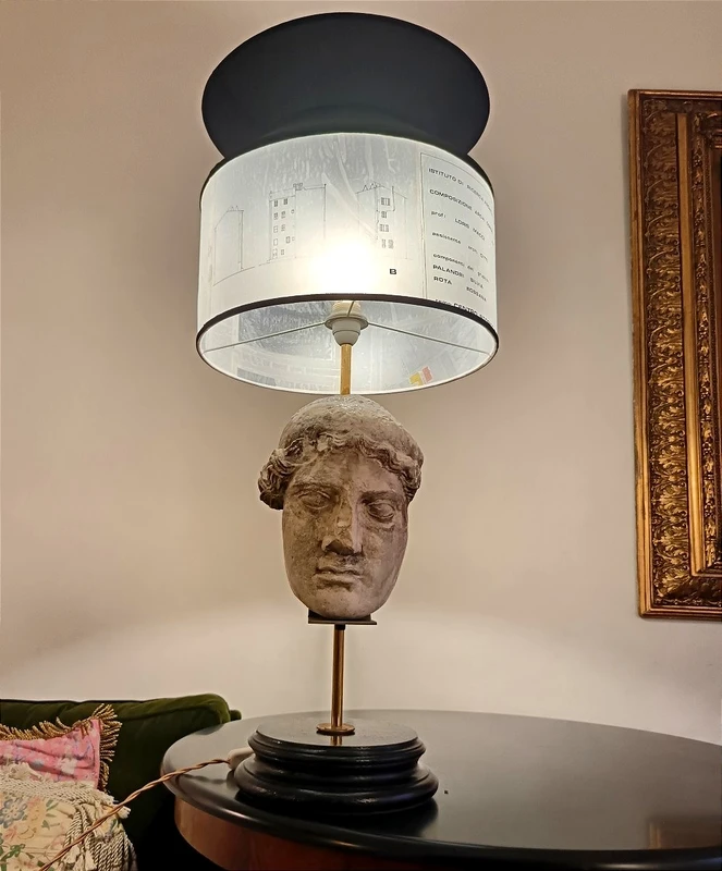 Lamp with plaster and lampblack head, lampshade with architectural transparencies 20th century