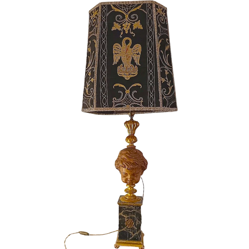 Carved wooden table lamp with marble-painted base - 18th century
