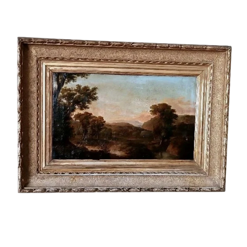 Antico dipinto su tela raffigurante paesaggio bucolico