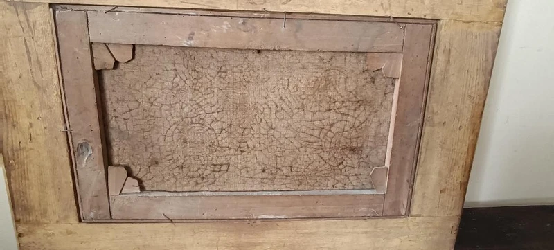 Antico dipinto su tela raffigurante paesaggio bucolico