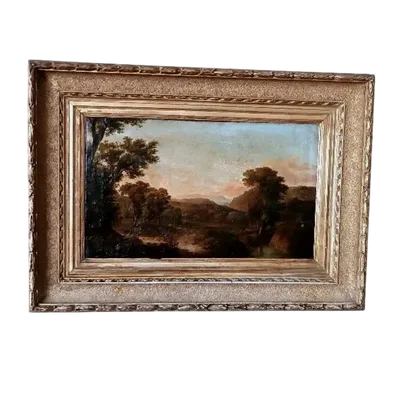 Peinture ancienne sur toile représentant un paysage bucolique