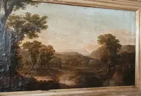 Antico dipinto su tela raffigurante paesaggio bucolico