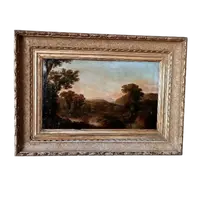 Antico dipinto su tela raffigurante paesaggio bucolico