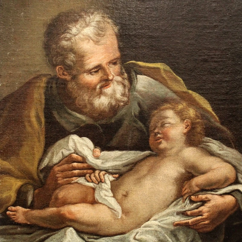 Ancienne peinture à l'huile sur toile du 18e siècle "Saint Joseph avec l'enfant