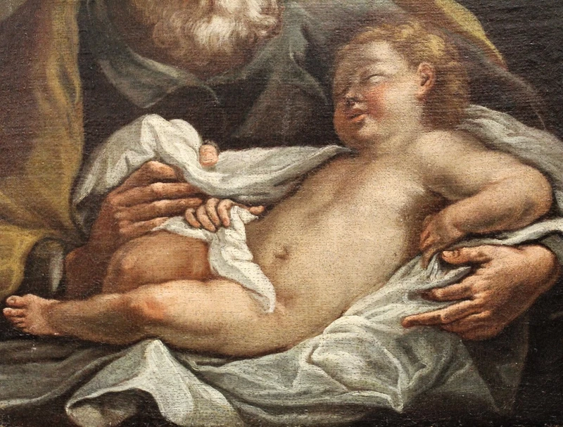 Ancienne peinture à l'huile sur toile du 18e siècle "Saint Joseph avec l'enfant