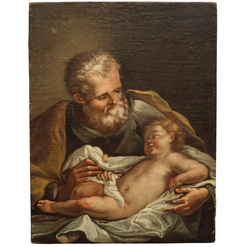 Ancienne peinture à l'huile sur toile du 18e siècle "Saint Joseph avec l'enfant