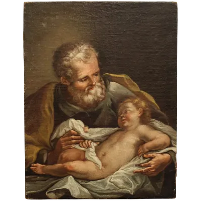 Ancienne peinture à l'huile sur toile du 18e siècle "Saint Joseph avec l'enfant