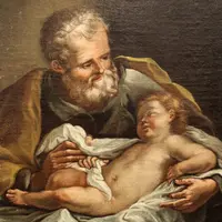 Ancienne peinture à l'huile sur toile du 18e siècle "Saint Joseph avec l'enfant