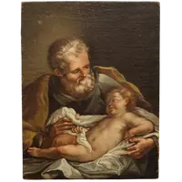 Ancienne peinture à l'huile sur toile du 18e siècle "Saint Joseph avec l'enfant