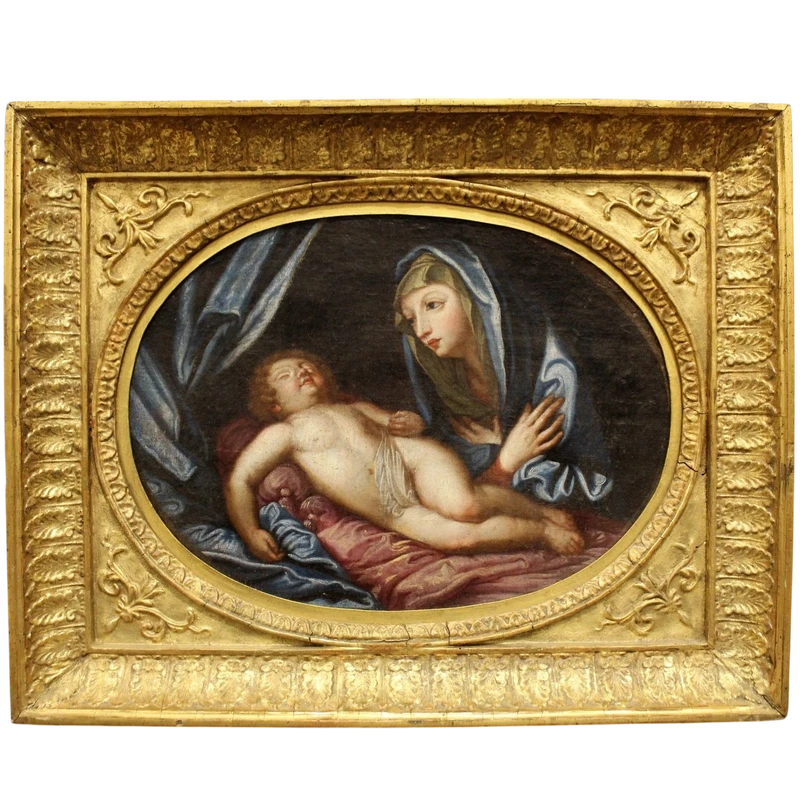 Peinture à l'huile ancienne sur toile avec cadre doré 18ème siècle