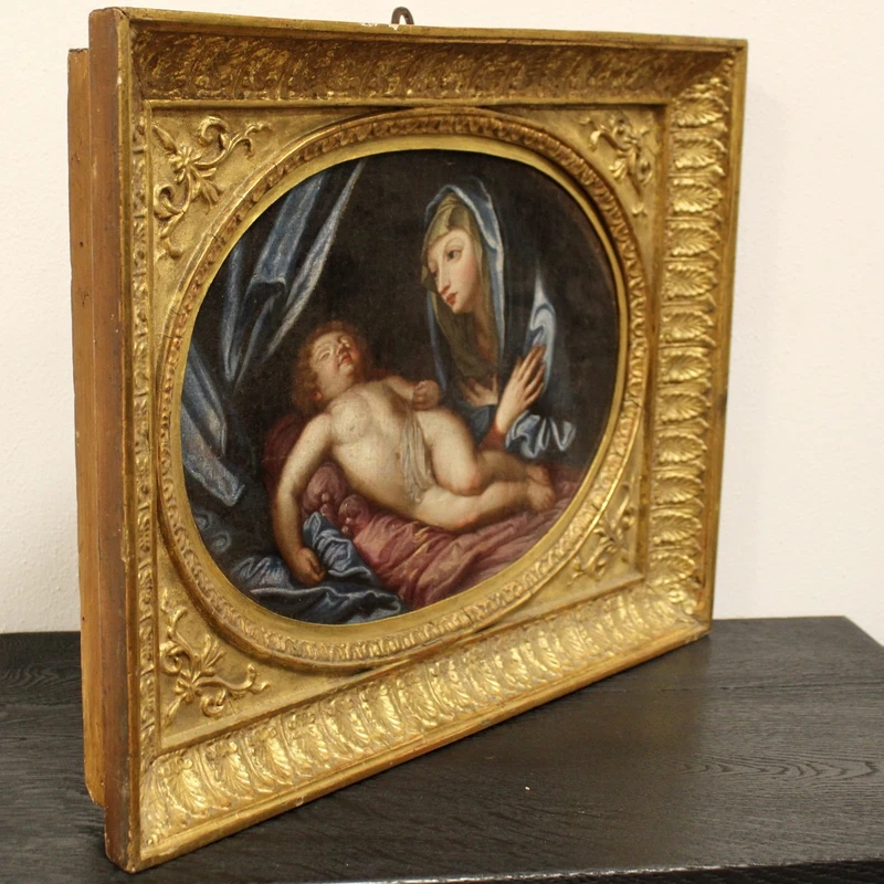 Peinture à l'huile ancienne sur toile avec cadre doré 18ème siècle