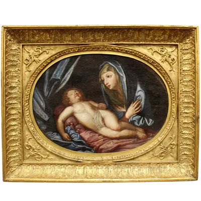 Peinture à l'huile ancienne sur toile avec cadre doré 18ème siècle