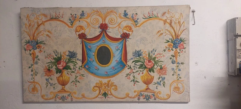 bellissimo pannello decorativo ,  dipinto a  tempera su carta riportata su tela, cm 75x129, buo