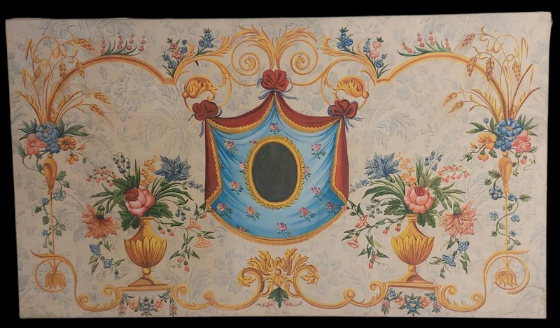 bellissimo pannello decorativo ,  dipinto a  tempera su carta riportata su tela, cm 75x129, buo