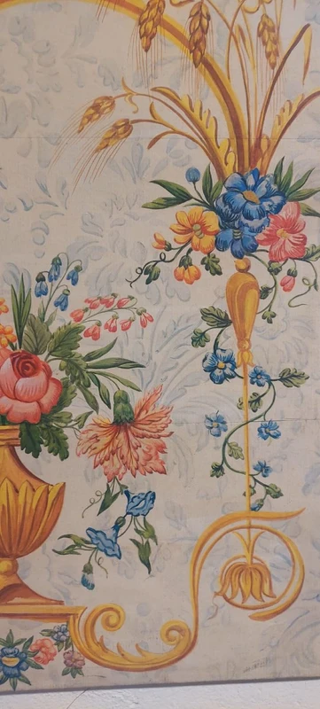 bellissimo pannello decorativo ,  dipinto a  tempera su carta riportata su tela, cm 75x129, buo