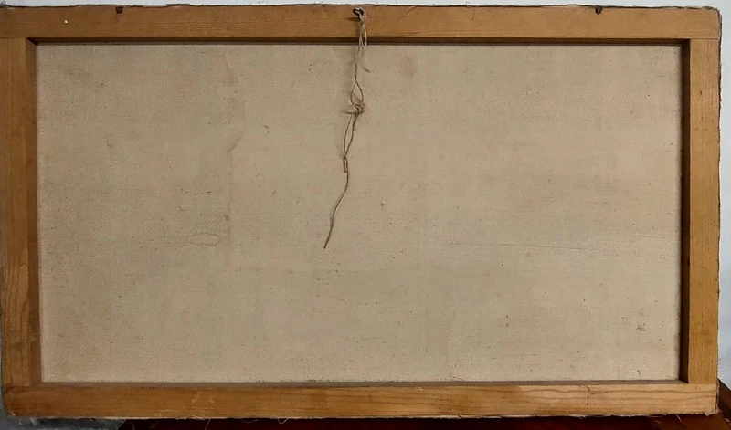 bellissimo pannello decorativo ,  dipinto a  tempera su carta riportata su tela, cm 75x129, buo