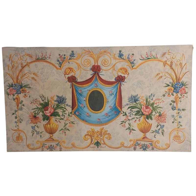 bellissimo pannello decorativo ,  dipinto a  tempera su carta riportata su tela, cm 75x129, buo