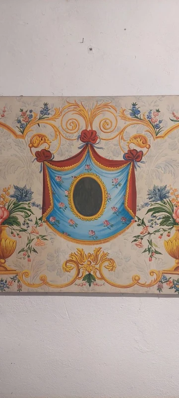 bellissimo pannello decorativo ,  dipinto a  tempera su carta riportata su tela, cm 75x129, buo