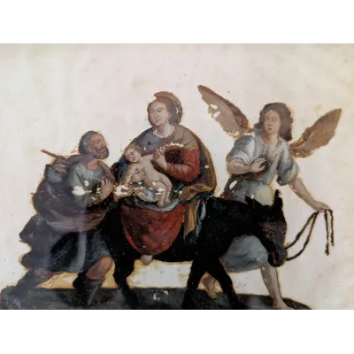Oil painting on glass depicting the Escape to Egypt - late 18th century