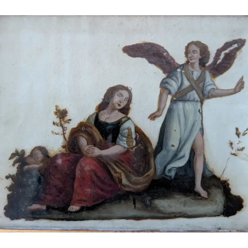 Peinture à l'huile sur verre représentant la Sainte Famille avec un ange - fin du XVIIIe siècle