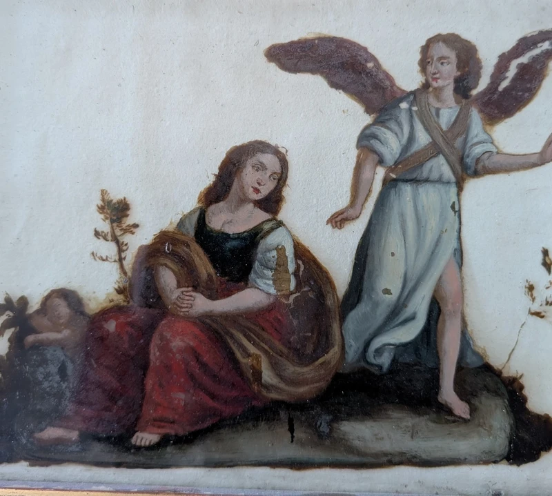 Oil painting on glass depicting the Holy Family with angel - late 18th century