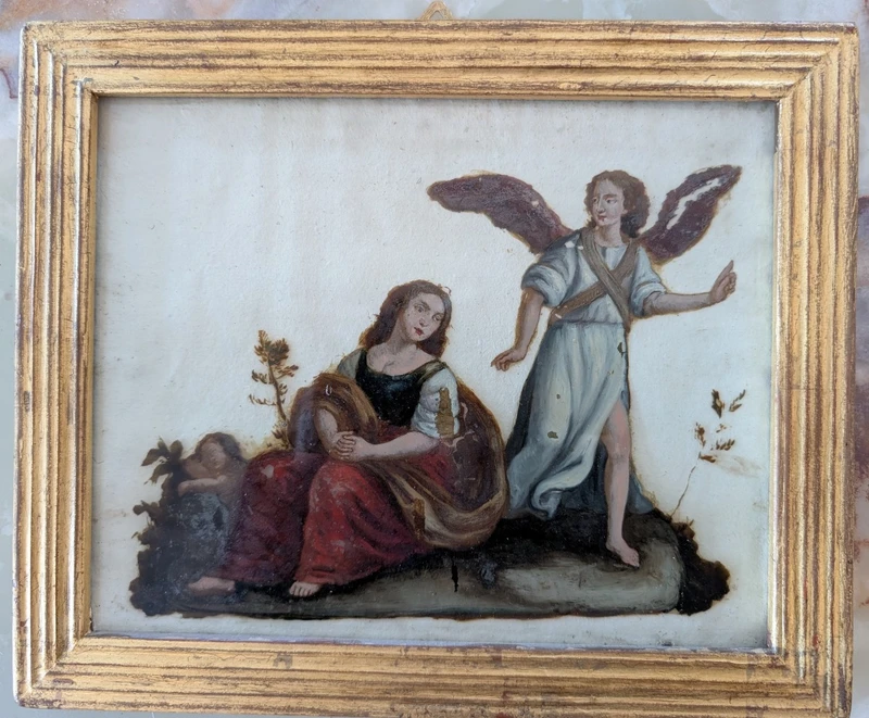 Oil painting on glass depicting the Holy Family with angel - late 18th century