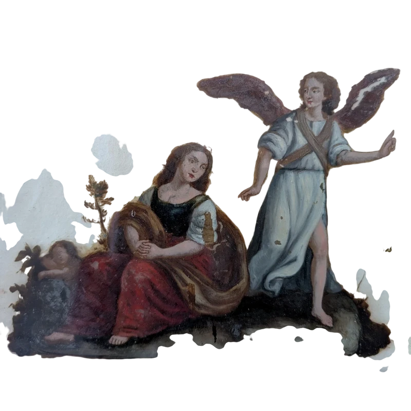 Oil painting on glass depicting the Holy Family with angel - late 18th century