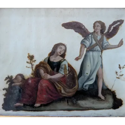 Oil painting on glass depicting the Holy Family with angel - late 18th century