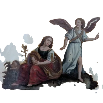 Dipinto olio su vetro raffigurante la Sacra Famiglia con angelo – fine XVIII secolo