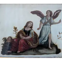 Peinture à l'huile sur verre représentant la Sainte Famille avec un ange - fin du XVIIIe siècle