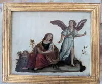 Oil painting on glass depicting the Holy Family with angel - late 18th century