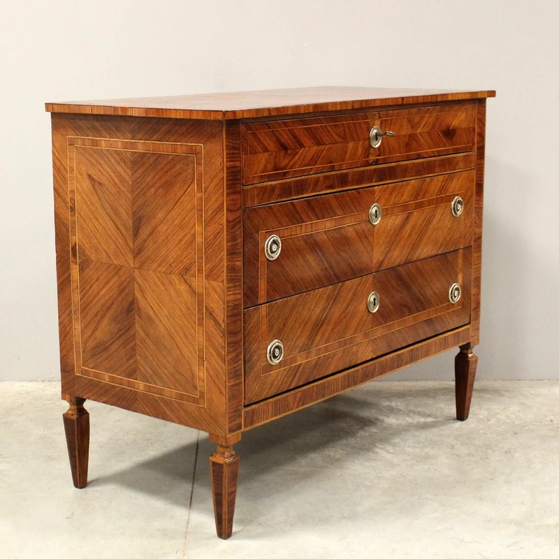 Antico cassettone comò Luigi XVI in noce intarsiato 19°secolo