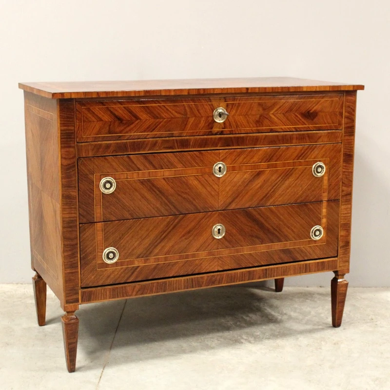 Antico cassettone comò Luigi XVI in noce intarsiato 19°secolo