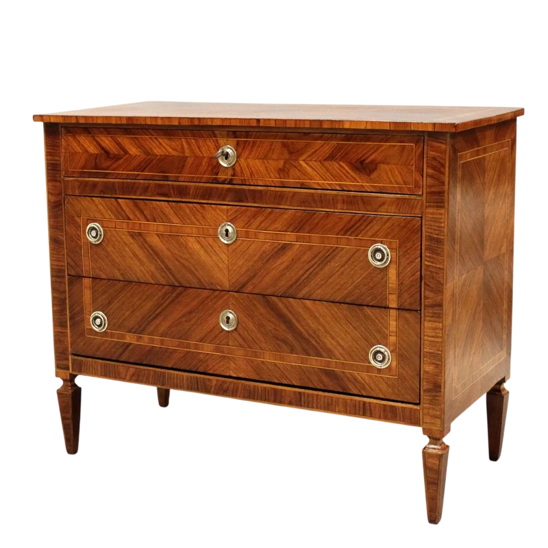 Antico cassettone comò Luigi XVI in noce intarsiato 19°secolo