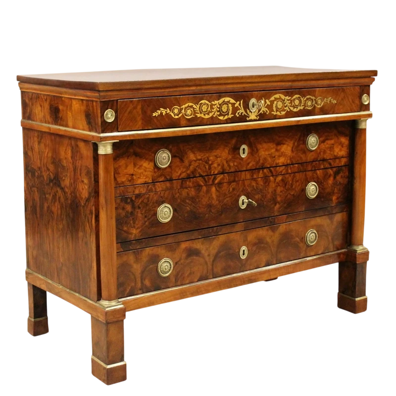 Antico cassettone comò Impero in noce intarsiato 19°secolo