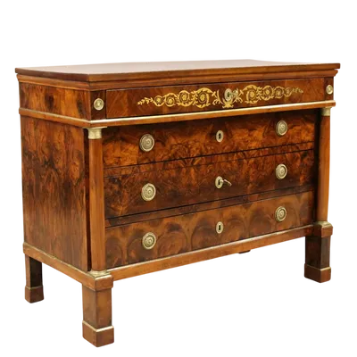 Ancienne commode Empire en noyer marqueté 19ème siècle