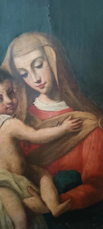 Antico dipinto olio su tela "Maria Vergine con bambino"