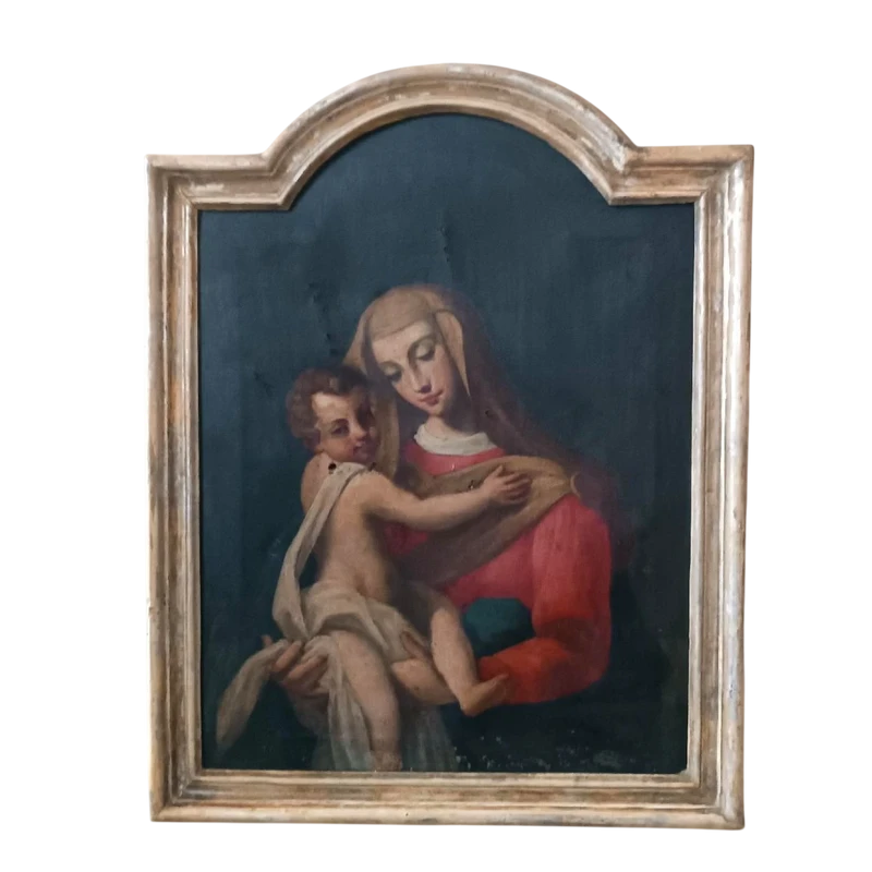 Antico dipinto olio su tela "Maria Vergine con bambino"