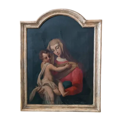Antico dipinto olio su tela "Maria Vergine con bambino"