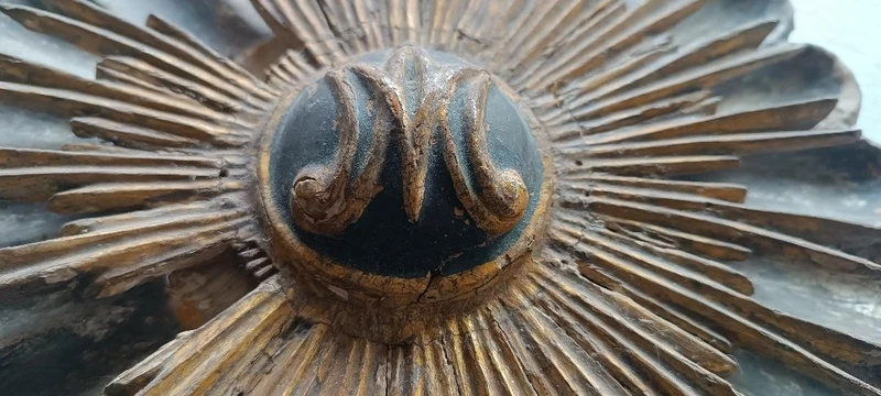 Antique baroque frieze, wooden rose window, Italy