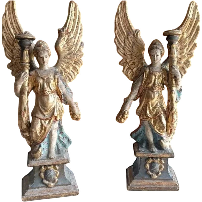 Pair of painted and gilded papier-mâché candleholder angels. Italian Baroque art 17th-18th cent.