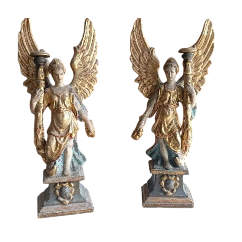 Pair of painted and gilded papier-mâché candleholder angels. Italian Baroque art 17th-18th cent.