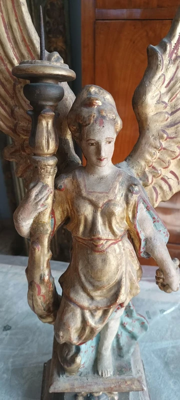 Pair of painted and gilded papier-mâché candleholder angels. Italian Baroque art 17th-18th cent.