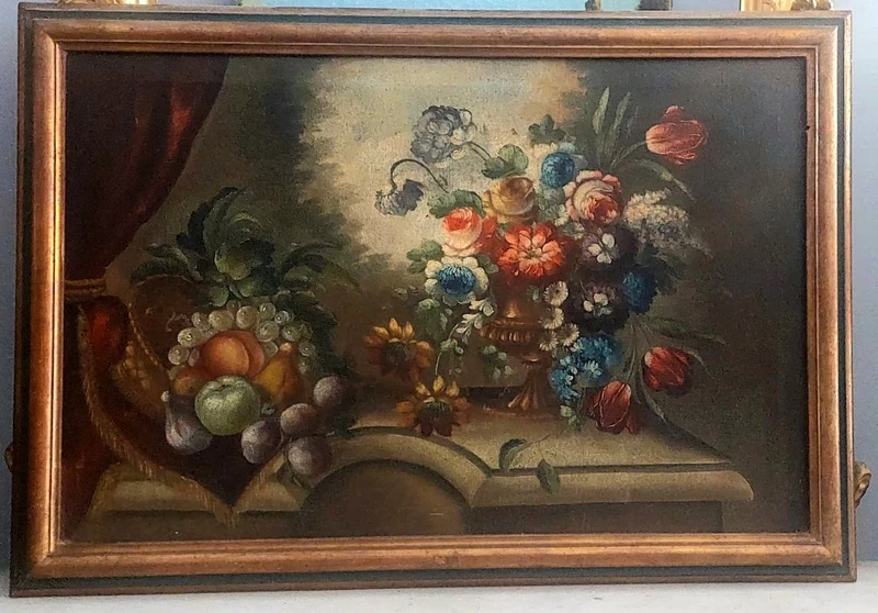 Dipinto olio su tela natura morta con fiori inizio  XIXsecolo Italia 99x69 cm